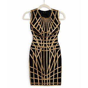 ✨ Hervé Léger Black & Gold Geometric Bandage Dress – Size XXS ✨